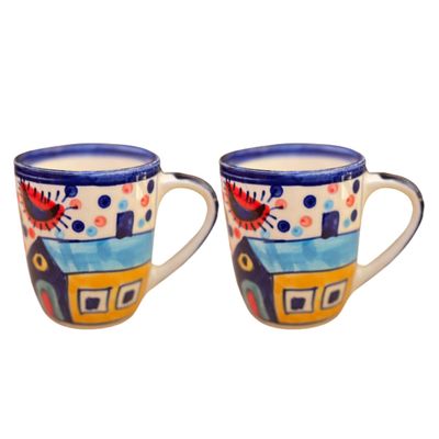 Kunhar Ceramic Hut Painting Coffee Mugs, Milk Mug - 220 Ml, 2 Pieces, Multicolor