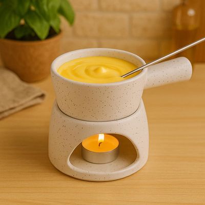 KunhaR Ceramic Fondue Set (1 Piece of Fondue Set, 2 Tea Light Candle), White Matt